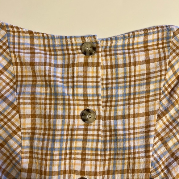 Free People Tan/Blue Plaid Back Button Up Puff Sleeve Blouse Sz S - Picture 12 of 15